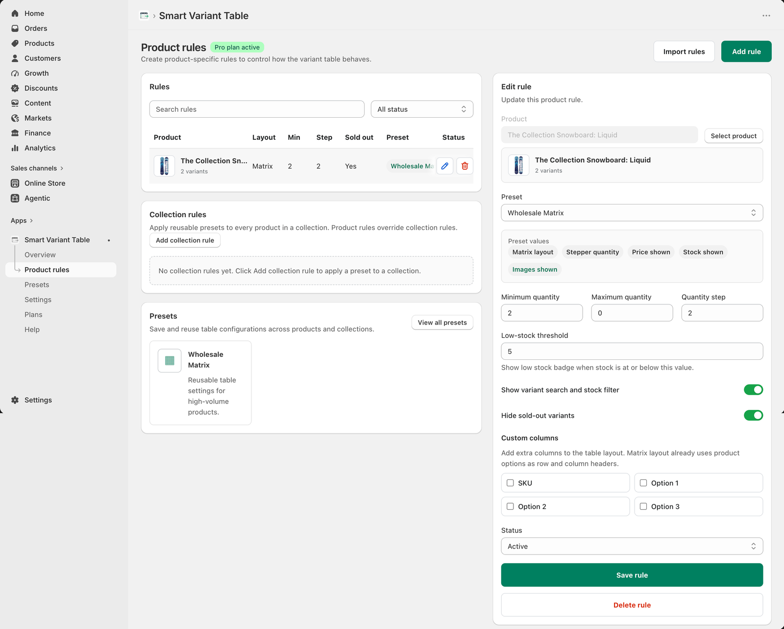 Smart Variant Table Pro product rules screen with editable product rule, preset values, quantity settings, variant search, stock filter, and custom columns